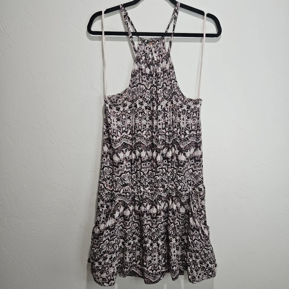 Free People Dress Medium Simone Batik Print Drop Cinched Waist Halter Mini Boho